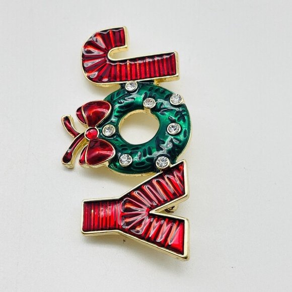 JOY Holiday Pin Enameled Gold Tone Green Red Rhinestone Accents Christmas Happy - Picture 2 of 6